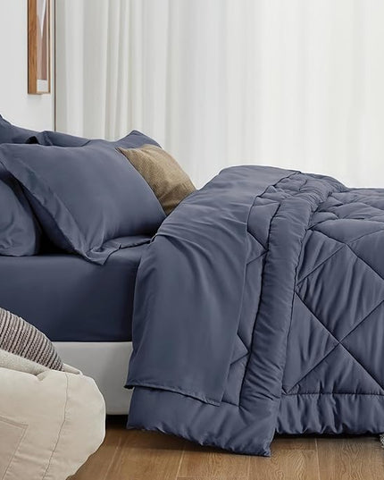 Love's cabin California King Comforter Set Navy Blue, 7 Pieces California King Bed in a Bag, All Season Bedding Sets with 1 Comforter, 1 Flat Sheet, 1 Fitted Sheet, 2 Pillowcase and 2 Pillow Sham