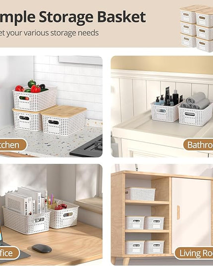 Plastic Storage Baskets with Bamboo Lids, Stackable Small Box Bins for Organizing and Containers for Shelves Drawers Desktop Closet Pantry Classroom Office Home, 6 Pack 10.2x7.2x4.1 Inch, White