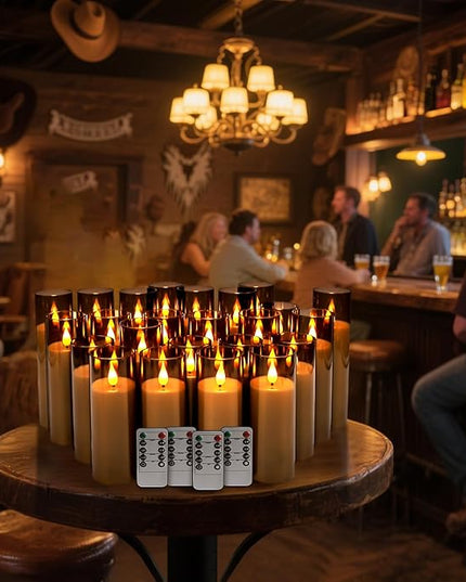 Halloween Decoration Flickering Flameless Candles Battery Operated Timer Led Pillar Candles with Realistic Moving Wick Candles for Home Decor 24 Pack (D2.2 xH 5" 6" 7")(Grey)