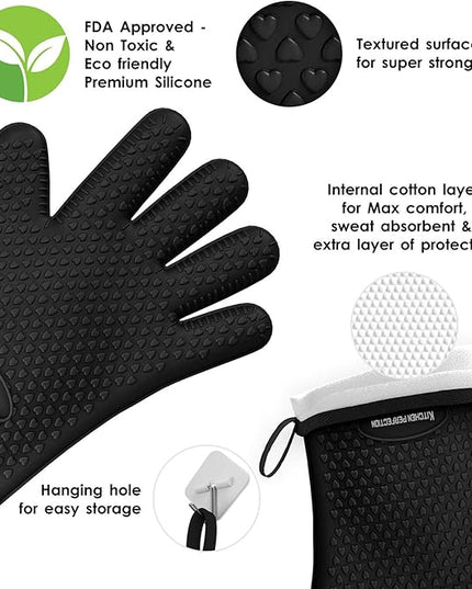 KITCHEN PERFECTION XL Silicone Smoker Oven Gloves -Extreme Heat Resistant BBQ Gloves -Handle Hot Food Right on Your Grill Fryer & Pit | Waterproof Oven Mitts Grill Gloves |Superior Value Set+3 Bonuses