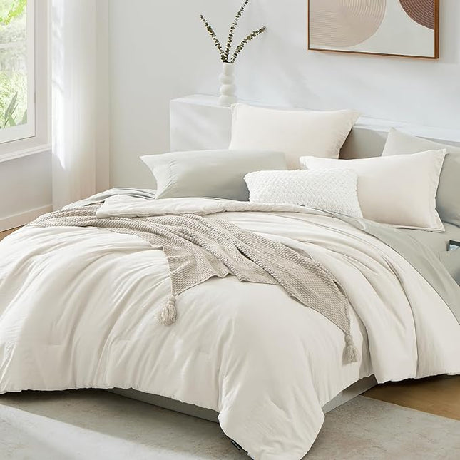 WRENSONGE Full Size Comforter Set- 7 Pieces White Bed in a Bag Full Size Comforter with Fitted Sheet, Flat Sheet, 2 Pillow Shams, 2 Pillowcases, Warm Bedding Sets for All Season