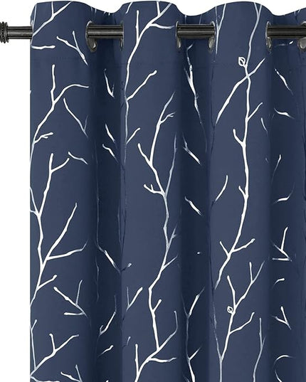BUHUA Blackout Curtains 2 Panels Set Small Window Grommet Top Window Drapes Room Darkning Short Curtains Shinny Tree Branches Print Pattern 52W x 45L, Navy Blue