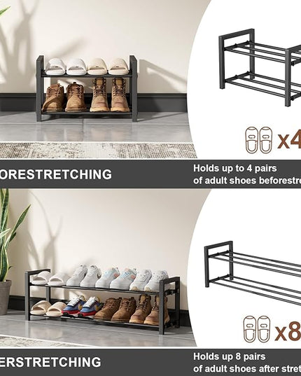 2-Tier Expandable Shoe Rack,Adjustable Shoe Shelf Storage Organizer Heavy Duty Metal Free Standing Shoe Rack for Entryway Closet Doorway (Black)