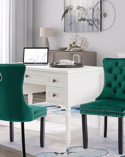 SoarFlash Velvet Dining Chairs Set of 2, Tall Back Side Chair, Modern Upholstered High-end Tufted Side Chair with Button Back Ring, Solid Wood Legs (Green)