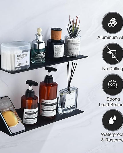 Black Shower Shelves Rustproof & Waterproof, 40cm Adhesive Shower Caddy 2 Pack, Metal Bathroom Floating Shelves No Drilling Bathroom Wall Storage Organizer
