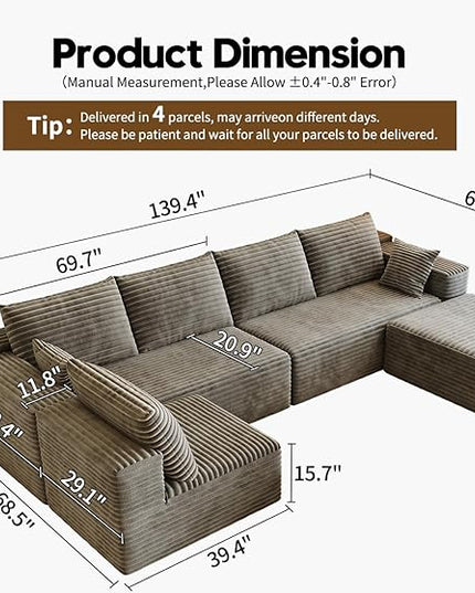 139.4" Modular Sectional Sofa, U-Shaped Minimalist Couches with Ottoman and Middle Seat, Modern Deep Seat Convertible Sleeper Sofa Bed, Reversible Chaise, Cloud Plush Corduroy Fabric,6 Seater, Camel