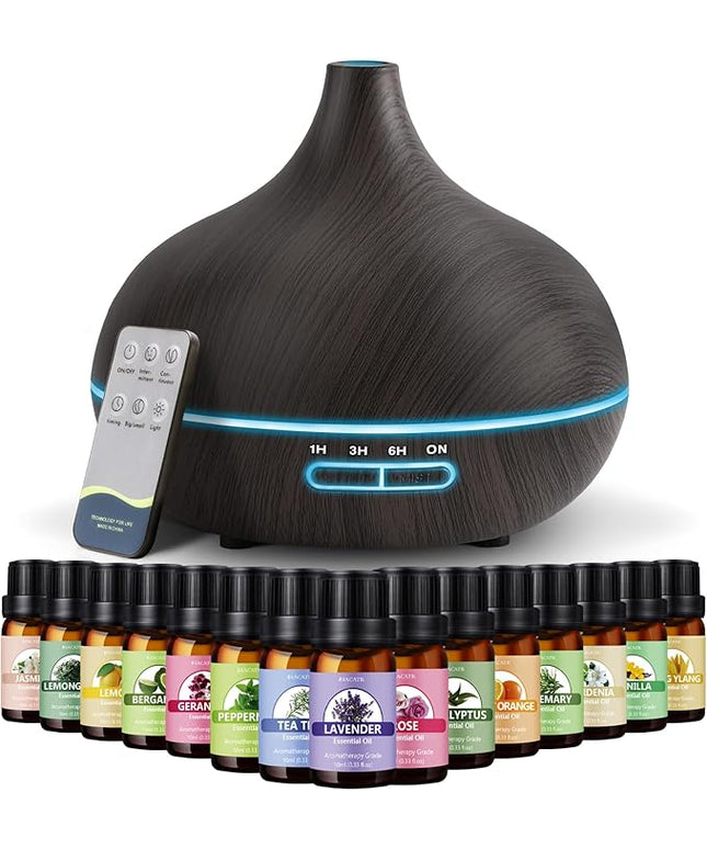 SACATR 550ml Oil Diffuser with 15x10mL Essential Oils, Ultrasonic Technology, Remote Control for Home Office