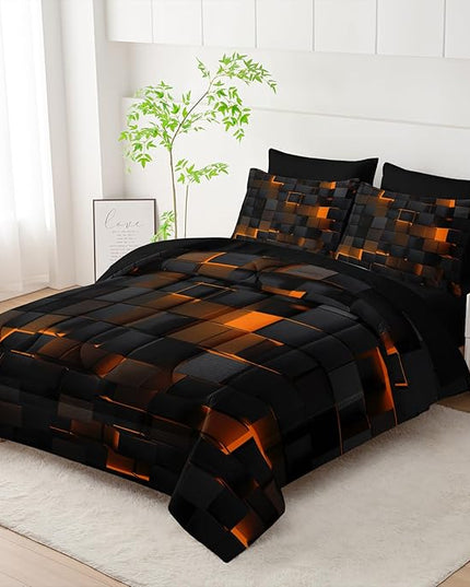 Geometric Yellow Black Queen Comforter Set,Light Honeycomb Bedding Set 7 Piece in A Bag,Bed Sheet Set Geometry Decor,Microfiber Lightweight All Season