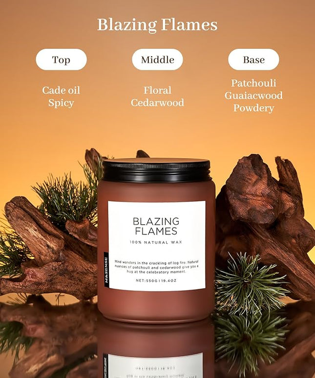 M&SENSE Blazing Flames Scented Candles with Log Fire - Patchouli & Cedarwood, Large Natural Soy 19.4oz 110 Hour Long Lasting Non Toxic Clean Burn Candle Gifts for Men Women