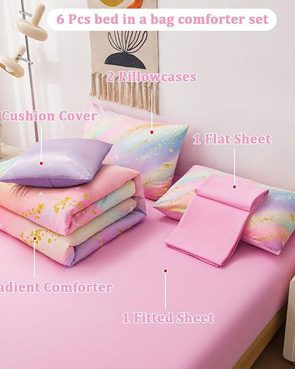 Rainbow Bedding Set Full Size – 6-Piece Reversible Girls Comforter with Deep-Pocket Sheet, Gradient Galaxy Design, Whole-Piece Filling, Machine Washable Bed-in-a-Bag for Kids Room Makeover & Gifts