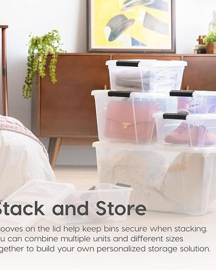 IRIS USA 32 Qt Stackable Plastic Storage Bins with Lids, 4 Pack - BPA-Free, Made in USA - See-Through Organizing Solution, Latches, Durable Nestable Containers, Secure Pull Handle - Clear