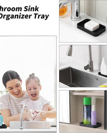 Silicone Kitchen Sink Organizer Tray for Multiple Usage,Easy Clean Sponges Holder for Kitchen Bathroom Counter or Sink,Dish Soap Dispenser,Scrubber,Bottle,Cup Black 4.9”x 3.2”