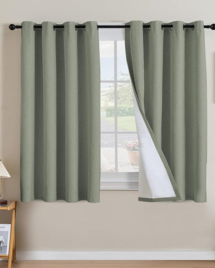 H.VERSAILTEX Linen Curtains 100% Blackout Curtains for Bedroom 54 inch Long Full Light Blocking Nature Linen Blended Window Curtains for Living Room Nickel Grommet (2 Panels, Heathered Dried Sage)