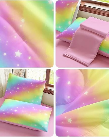 Rainbow Bedding Set Full Size – 5 Piece Reversible Girls Comforter with Deep-Pocket Sheet, Gradient Galaxy Design, Whole-Piece Filling, Machine Washable Bed-in-a-Bag for Kids Room Makeover & Gifts