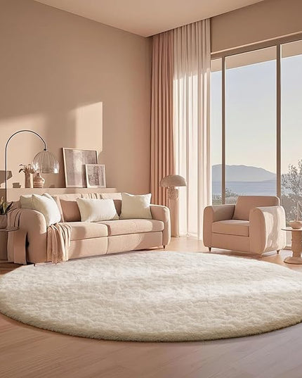 Ophanie Round Rugs 6Ft Ivory Circle Area Rug, Aesthetic Room Decor, Fluffy Fuzzy Bedroom Carpet, Plush Soft Shaggy Cream Living Room Rugs for Kids Home Decor, Nursery