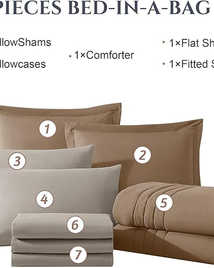 Monbix California King Size Comforter Set - 7 Pieces Bed in a Bag California King, Bedding Sets with Comforter, All Seasons Comforter Bed Set with Sheets, Pillowcases & Shams