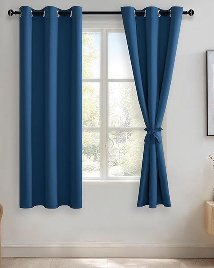 JIUZHEN Blackout Curtains with Tiebacks-Thermal Insulated, Light Blocking and Noise Reducing Grommet Curtain Drapes for Bedroom/Living Room, Set of 2 Curtain Panels, 42x63 Inch Length, Classic Blue