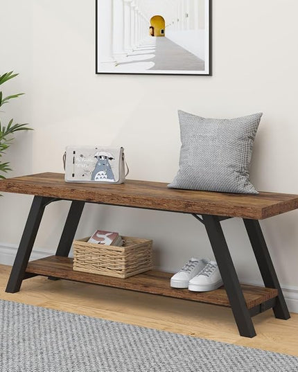 LVB Wood Bench, Industrial Storage Entryway Indoor Bench for Bedroom Hallway Living Room, Rustic Famhouse Wooden Metal Shoe Rack Accent Foyer Bench Seat for Entrance Sitting, Rustic Brown, 47 in Long