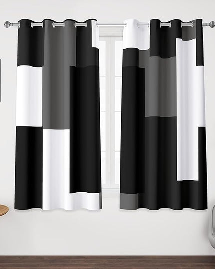 Black Grey 100% Blackout Curtains 52 inch Length 2 Panels Set White Grey Modern Abstract Geometric Drapes for Kitchen Black Out Curtains Insulated Room Darkening Small Window Curtains, 52Wx45L