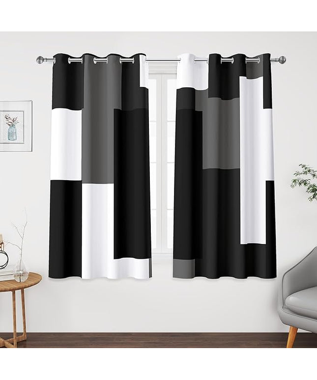 Black Grey 100% Blackout Curtains 52 inch Length 2 Panels Set White Grey Modern Abstract Geometric Drapes for Kitchen Black Out Curtains Insulated Room Darkening Small Window Curtains, 52Wx45L