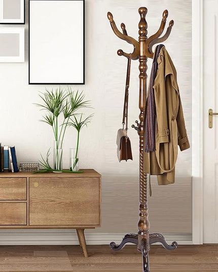 Coat Racks Free Standing with 11 Hooks, Natural Wood Coat Stands for Entryway, Adjustable Height 74 in Tree Coat Rack Stand for Hallway Home Office Bedroom (Brown Triangle)