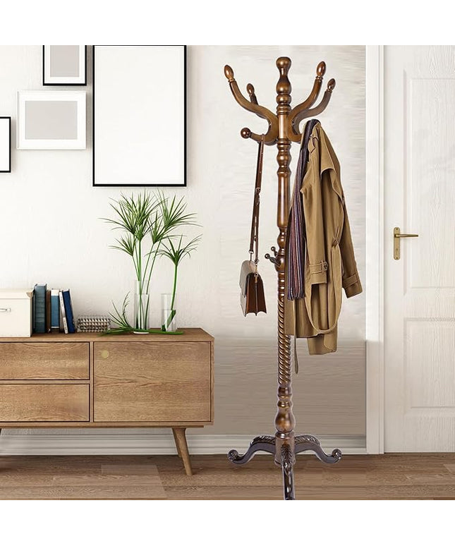 Coat Racks Free Standing with 11 Hooks, Natural Wood Coat Stands for Entryway, Adjustable Height 74 in Tree Coat Rack Stand for Hallway Home Office Bedroom (Brown Triangle)