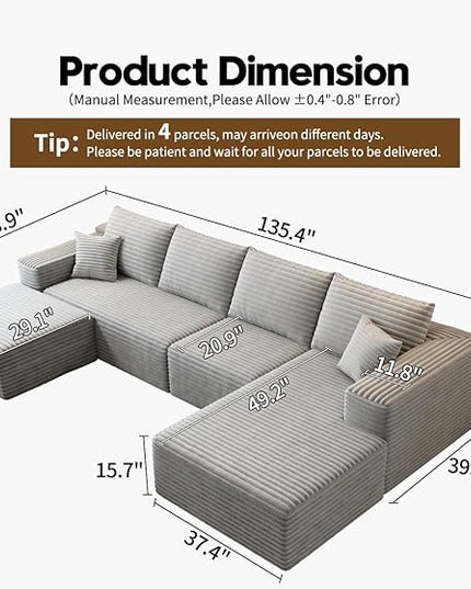 135.4" Cloud Modular Sectional Couch with 1 Ottoman,Modern Minimalist Upholstered Couches, Comfort U Shaped Sofa for Living Room,Deep Seat Corner Couch，No Assembly Required (Grey,Right Facing Chaise)