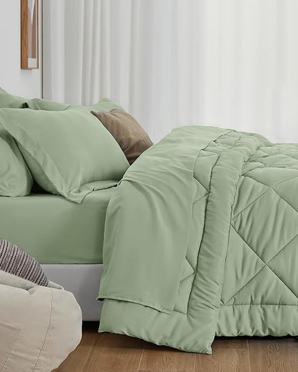 Love's cabin King Size Comforter Set Sage, 7 Pieces King Bed in a Bag, All Season Bedding Sets with 1 Comforter, 1 Flat Sheet, 1 Fitted Sheet, 2 Pillowcase and 2 Pillow Sham