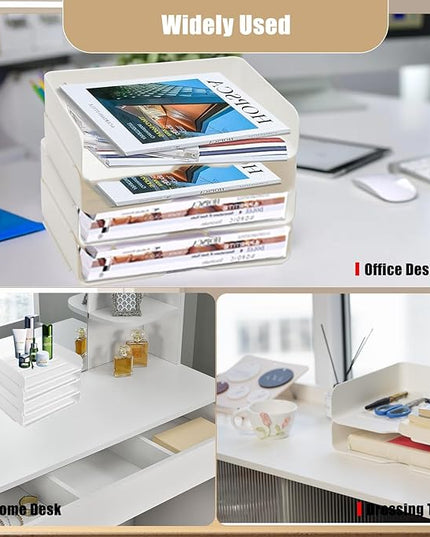 4 Tier Desk Organizer, Stackable Paper Tray Organizer for Document, Letter, A4 File Paper, Desk Accessories, Notes, Pens (White, 4 Pack)
