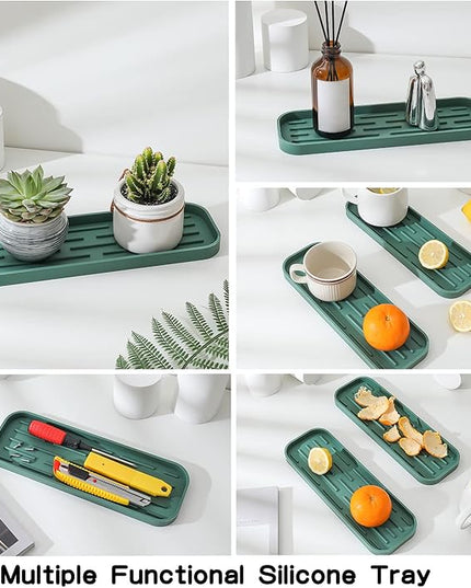 Silicone Kitchen Sink Organizer Tray for Multiple Usage,Eco-Friendly Sponges Holder for Kitchen Bathroom Counter or Sink,Dish Soap Dispenser,Scrubber,Bottle,Cup (Green, 12"×4")