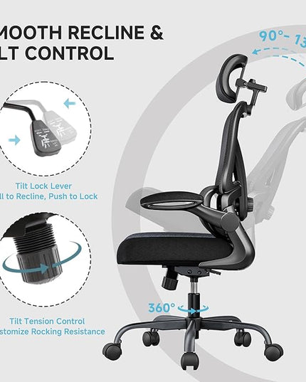 Ergonomic Office Chair with Adjustable Lumbar Support & Headrest, High Back Mesh Chair with Flip-up Armrests for Long Hours, 330 lbs Home Office Desk Chair, Black