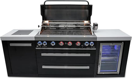Mont Alpi MAi805-BSSFC 44-inch 6 Burner Black Stainless Steel Modular Outdoor Kitchen Island BBQ Grill with Fridge Cabinet + Side Burner + Granite Countertops + Rotisserie Chopping Board & Grill Cover