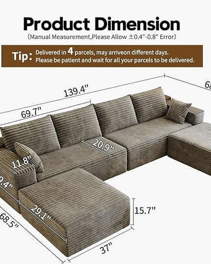 139.4" Modular Sectional Sofa, U-Shaped Minimalist Couches with 2 Ottomans Chaise, Modern Deep Seat Convertible Sleeper Sofa Bed,Cloud Plush Corduroy Fabric, No Assembly Required, 6 Seater, Camel