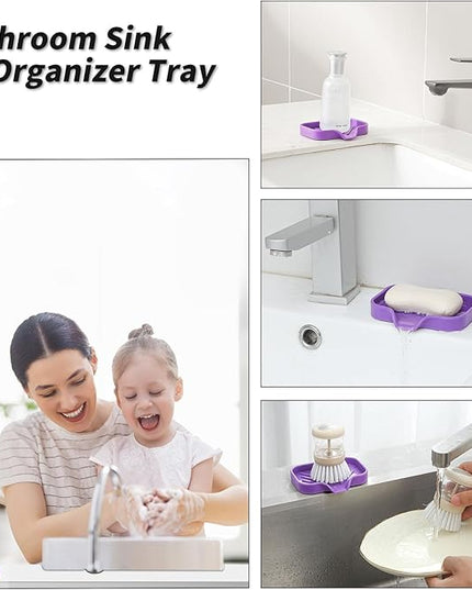Silicone Bathroom Soap Dishes with Drain Spout-Bathroom and Kitchen Sink Organizer,Sponge Holder,Dish Soap Tray,Perfect for Dispenser,Scrubber,Bottle,Cup on Sink or Counter-Purple 4.9"×3.2"