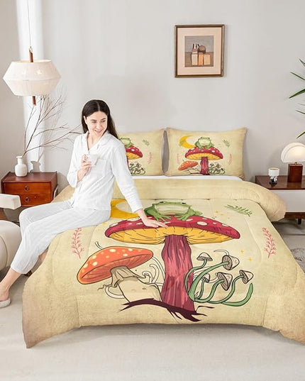 Mushroom Kids Comforter Set King Size,Frog Plants Botanical Colorful Bedding Set,Girls Boys Adults Bedroom Decor,Sun Moon Starry Sky Down Comforter,Brown Rustic Retro Duvet Insert,2 Pillowcases