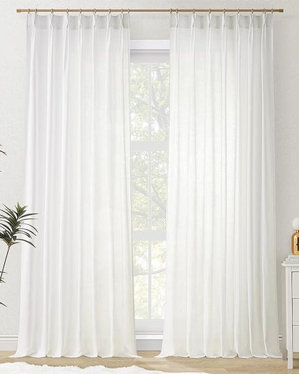 Topfinel White Pinch Pleated Semi Sheer Curtains Textured Linen Blended Light Filtering Window Curtains 94 inch for Living Room Bedroom Pinch Pleat Drapes with Hooks 2 Panels 40" Wx94 L