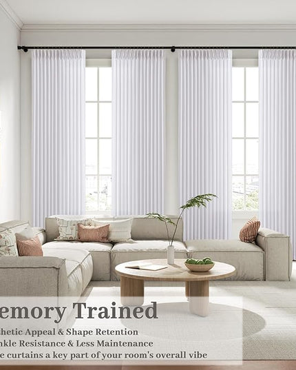 Pinch Pleated Memory Trained Shaped 104 Inches Extra Long White Linen Curtains for Living Room, Light Filtering Non See Through Drapes for Dining Room Bedroom Curtain Panels Back Tab Top 8-2/3 FT