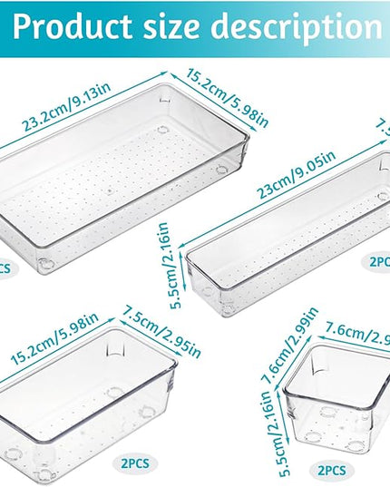 8 Pack Clear Drawer Organizer, 4 Sizes Organization and Storage Trays, Drawer Organizer Bins for Kitchen, Vanity, Bathroom, Office