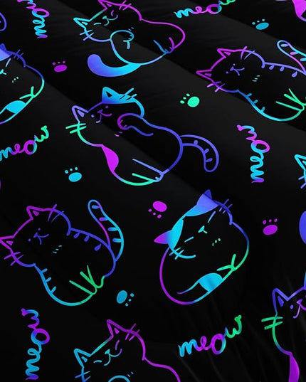 3D Neon Cat Kids Comforter Set,Gradient Line Cat Toddler Comforters Twin Size for Teens Kids Boys Girls Room Decoration,Black Kawaii Bedding Sets with 2 Pillowcases.