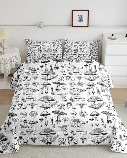 Mushroom Kids Comforter Set King Size,Abstract Hand Drawn Sketch Rustic Bedding Set,Boys Girls Room Decor,Botanical Plants Weed Flowers Down Comforter,Black White Retro Duvet Insert,2 Pillowcases