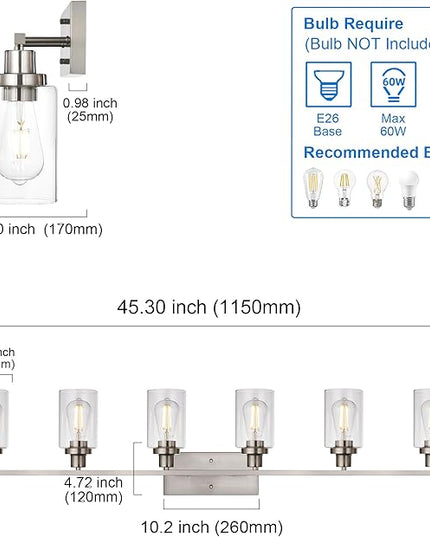 MELUCEE Modern Bathroom Vanity Light Fixtures 6-Light Brushed Nickel Contemporary Wall Light with Glass Shade for Kitchen Living Room Bedroom (Patent No.: US D963914 S)