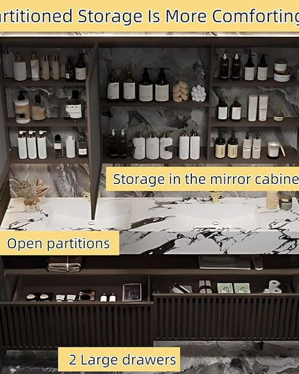 56IN Modern Double Basin Bathroom Vanity Set - Suspended Bathroom Vanity with Sinks includes Smart LED Defogging Mirror Cabinet & Time Display | 2 Drawers & Open Partitions, Wave Panel (Style B)
