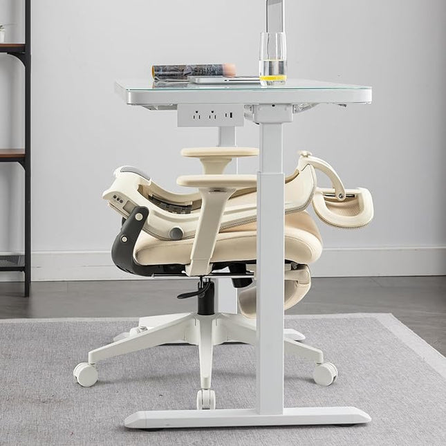 Foldable Office Chair with Foot Rest, Ergonomic Office Chair with Adjustable Lumbar Support, Headrest, Armrest, Home Office Desk Chair for Space Saving, Work from Home, Cream
