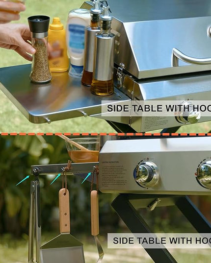 BBQ Gas Grill 3-Burner with Foldable Cart & Side Table, Portable Propane Grill with Lid for Outdoor Patio Backyard Barbecue Camping Tailgating RV Trip, Stainless Steel, GS308