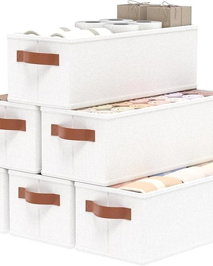 OUTBROS Storage Boxes, Fabric Bins With Handles, Foldable Baskets for Organizing, For bedrooms, living rooms, Shelves, White, 15 x 6.1 x 5.1 inch, 6-Pack