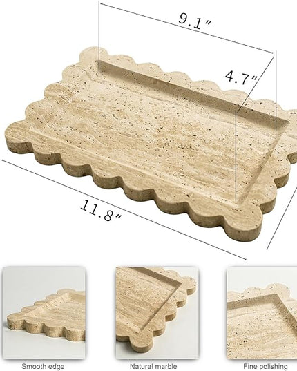 Natural 100% Marble Vanity Tray Luxury Scalloped Marble Storage Square Rectangle Tray for Home Decor Stone Tray for Bathroom/Kitchen/Candle Key (Rectangle-11.8 * 7.4-Beige Travertine)