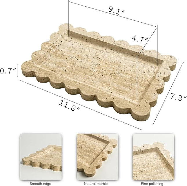 Natural 100% Marble Vanity Tray Luxury Scalloped Marble Storage Square Rectangle Tray for Home Decor Stone Tray for Bathroom/Kitchen/Candle Key (Rectangle-11.8 * 7.4-Beige Travertine)