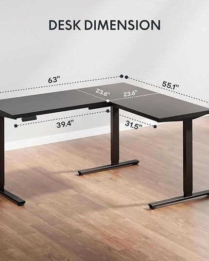 SANODESK Electric Corner L-Shaped 63 x 55 in Standing Desk, Memory Height Adjustment, Black Top Black Frame