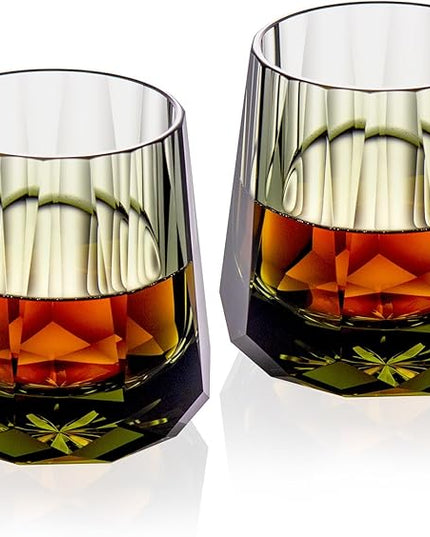 KAMMAK Crystal Whiskey Glasses Set of 2, Handcrafted 6.76oz Old Fashioned Glasses Stemless, Luxury Cocktail Glasses, Hand Blown Scotch Cup for Women, Men Gift for Rocks, Bourbon, Bar Barware