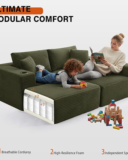 110" Boneless Couch in A Box, Convertible L Shaped Modular Sectional Sofa Set with Deep Seat, Corduroy Cloud Couch Sectional Couches for Living Room, No Assembly Required(3 Seat+ 1 Ottoman,Green)